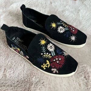 TOMS alpargata black suede floral embroidered loafers